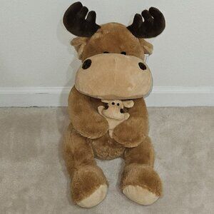 NEW Puzzled 15" Brown Mom Moose Holding 4.5" Baby Plush Stuffed Animal Toy